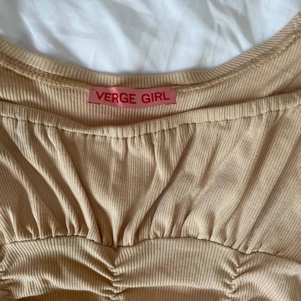 Verge girl ruched nude mini dress, off shoulder - Picture 4 of 5